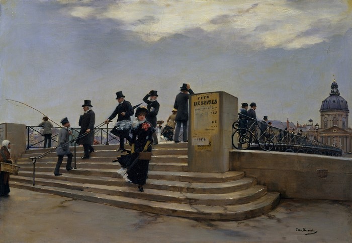 Jean Beraud painting of people on a bridge with a dome in the background
