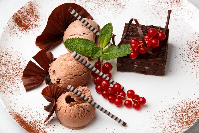 Chocolate ice cream with brownie and currants