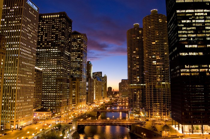 Chicago Cityscape at Night with River and Bridges
