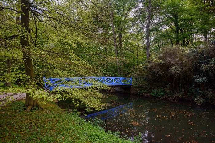 Blue bridge over pond in Elswout, Netherlands