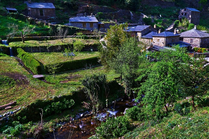 As Veigas, Asturias, Spain: Stone houses on a hillside