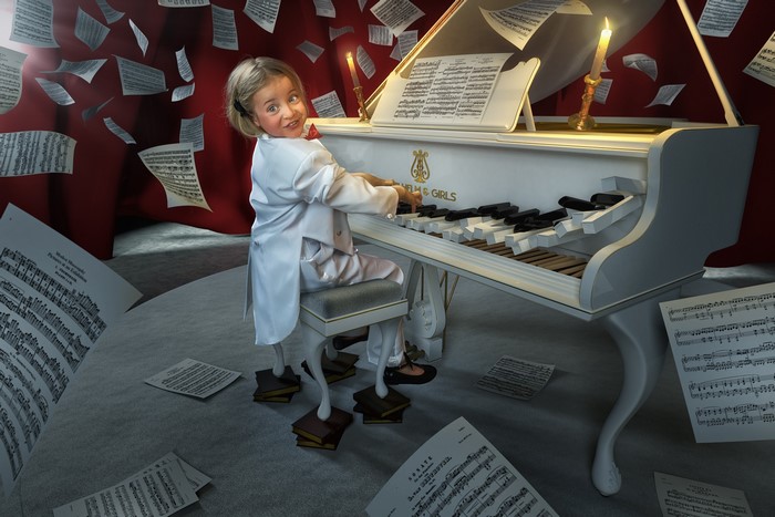Young Girl Playing Elegant White Grand Piano