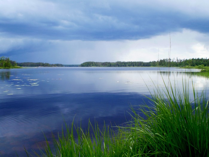 Lake with stormy clouds and grass in foreground