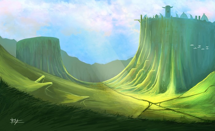 Fantasy landscape with a cliffside castle