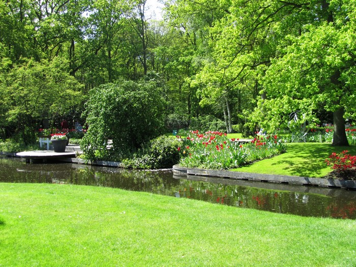Keukenhof Gardens with Pond and Tulips, Netherlands