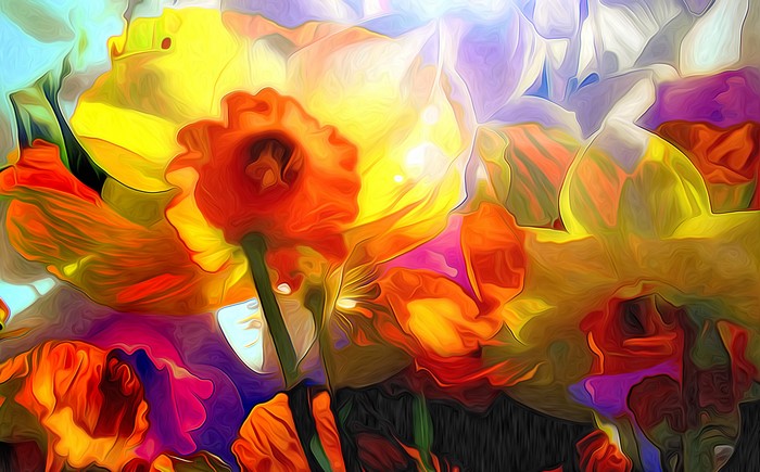 Abstract painting of colorful daffodils