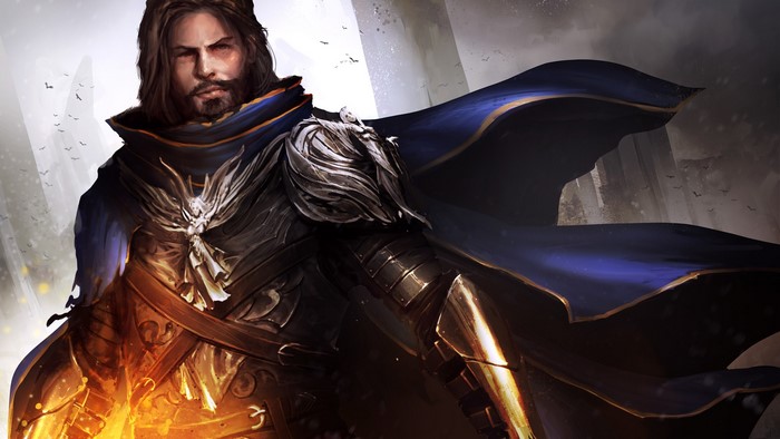 Man in ornate armor and blue cloak