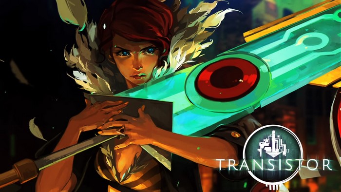 Redhead woman holding a large sword, Transistor game art