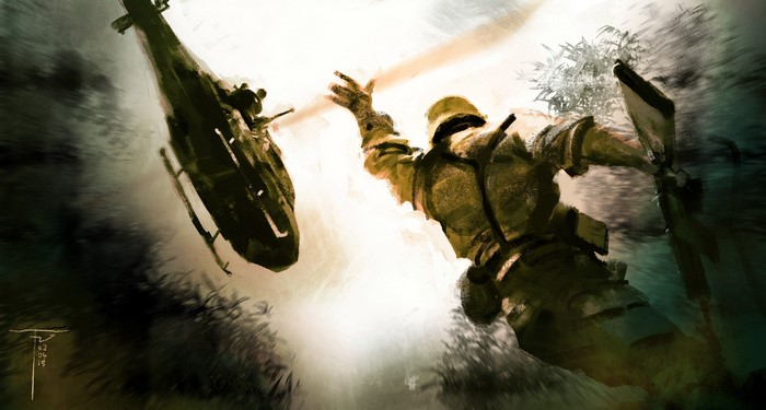 Soldier firing at a helicopter