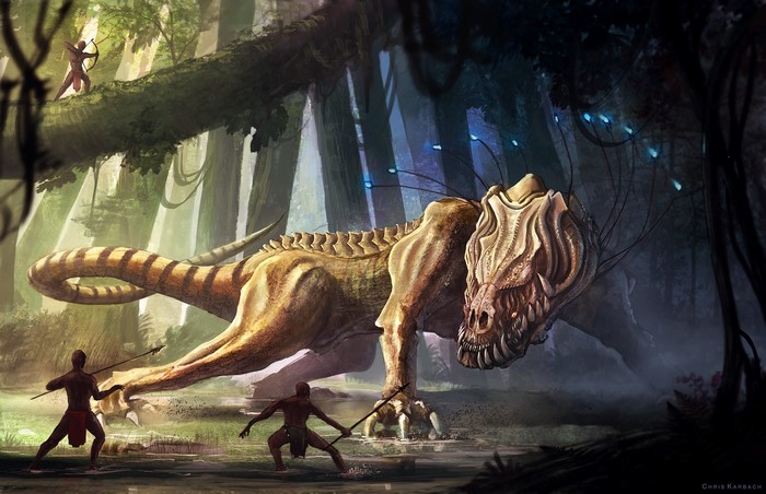 Tribesmen hunt a cyborg dinosaur in a jungle