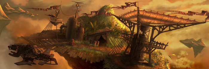 Floating Island Base with Airship and Structures