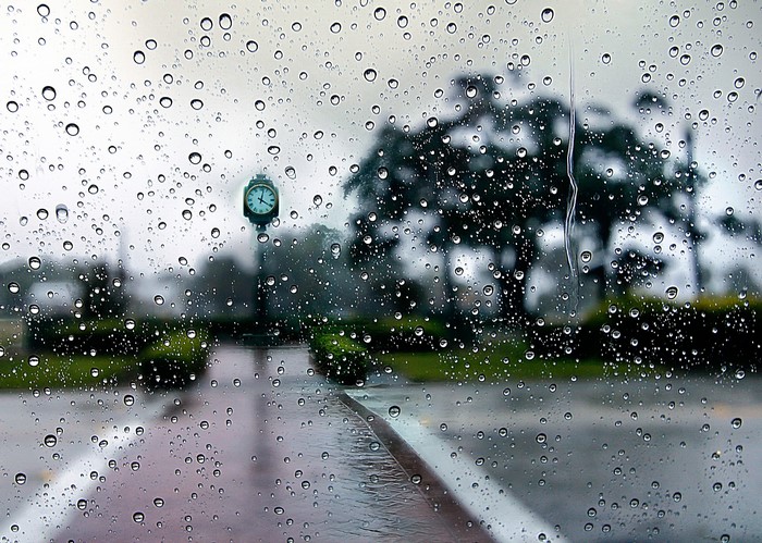 Raindrops on a window with a clock and trees