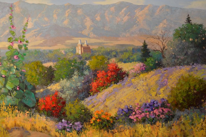 Painting of a building with mountains and flowers