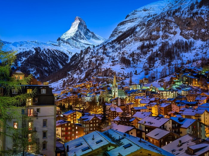 Zermatt Village at Night with Matterhorn in Switzerland