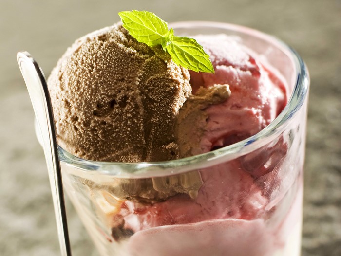 Chocolate and Strawberry Ice Cream Sundae with Mint
