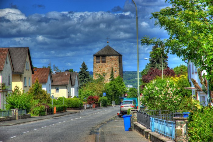 Street view in Wetzlar, Germany with houses and church tower