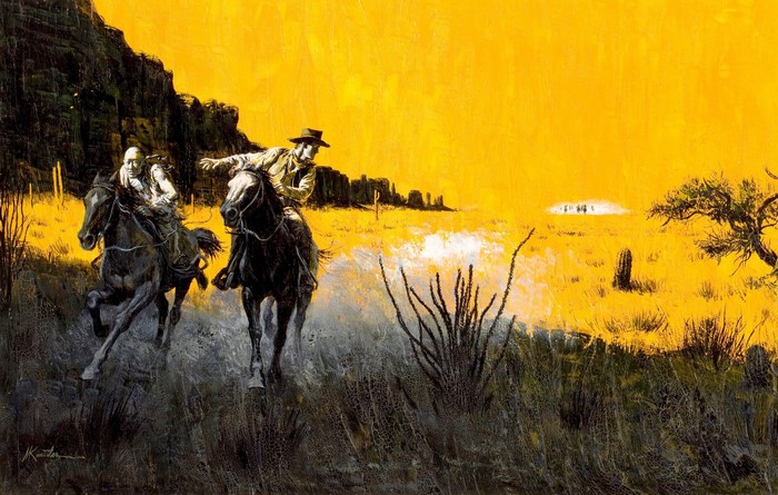 Two men on horseback in a desert landscape