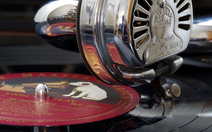 Close-up of a vintage gramophone playing a record