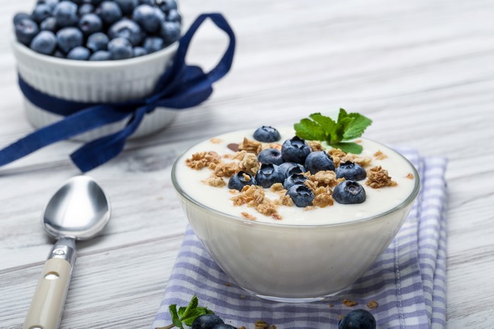 Blueberry yogurt with granola and mint