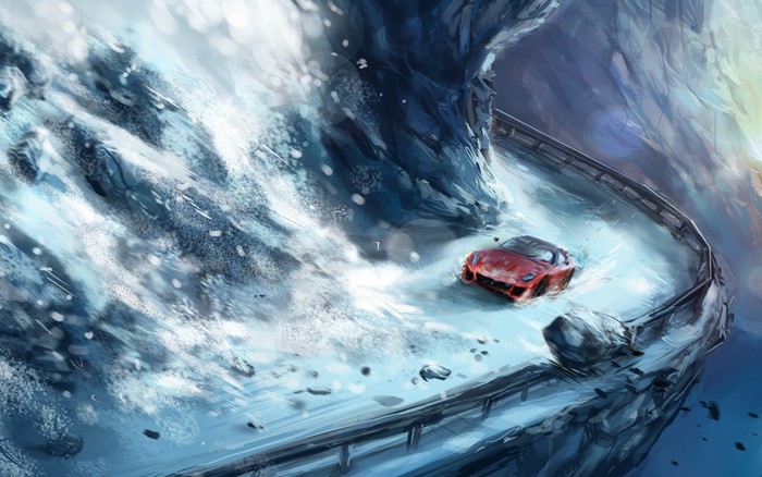 Red sports car driving on a snowy mountain road