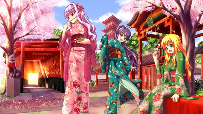 Three girls in kimonos at a Japanese shrine with cherry blossoms