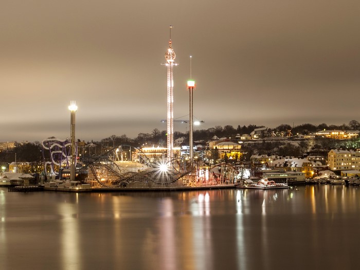 Gröna Lund amusement park at night in Stockholm, Sweden