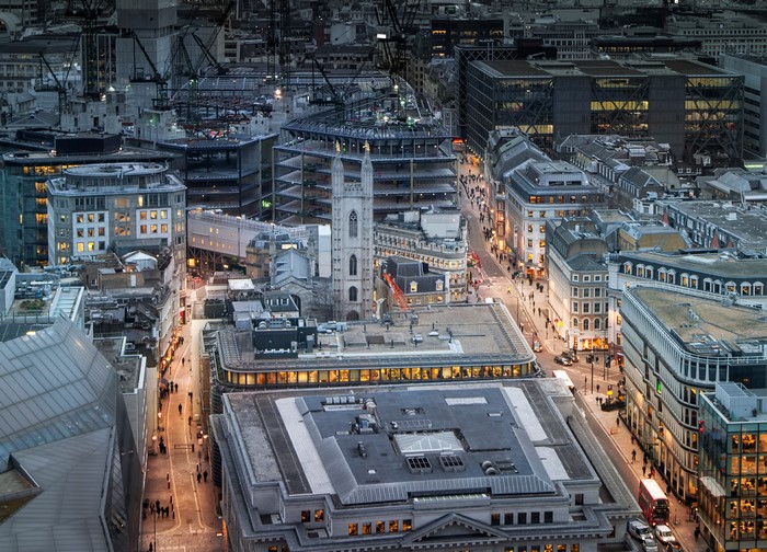 Aerial View of London Street with Buildings and Cranes