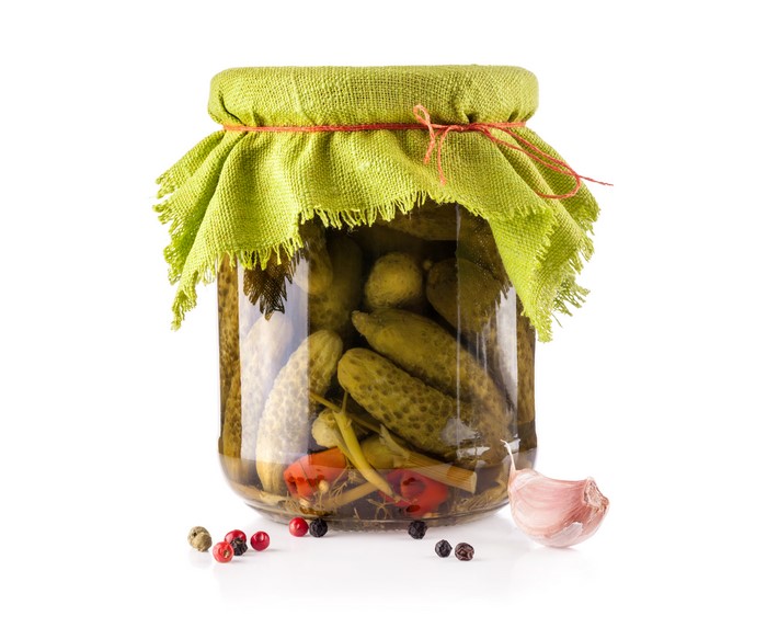 Jar of Pickles with Garlic and Peppercorns
