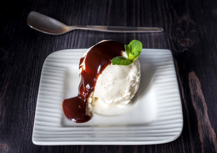 Ice cream with chocolate sauce and mint