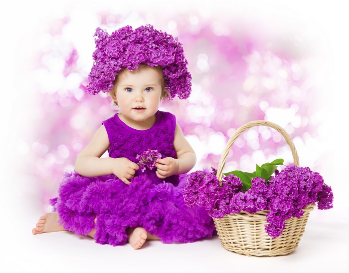 4K Lilac Little Girl in Violet Dress with Wicker Basket