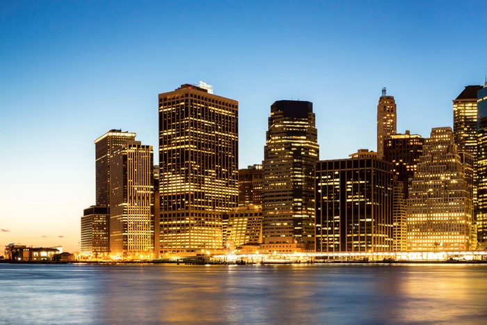 New York City Skyline at Night over River