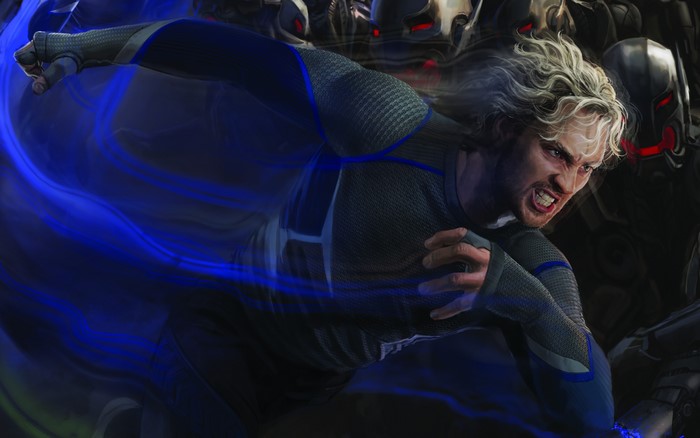 Quicksilver from Avengers: Age of Ultron fighting Ultron bots