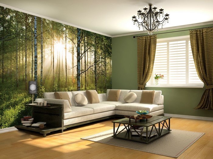 Living room with forest mural and sectional sofa
