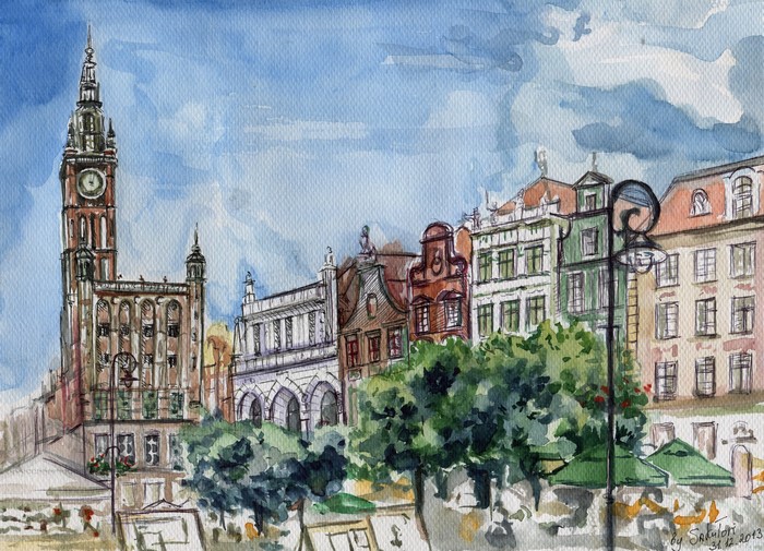 Watercolor painting of Gdansk Old Town Hall