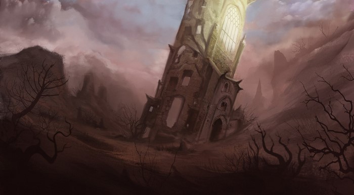 Ruined gothic building in a desolate landscape