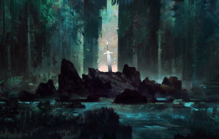 A sword stuck in rocks in a dark forest