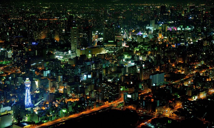 Tsutenkaku Tower at Night in Osaka, Japan