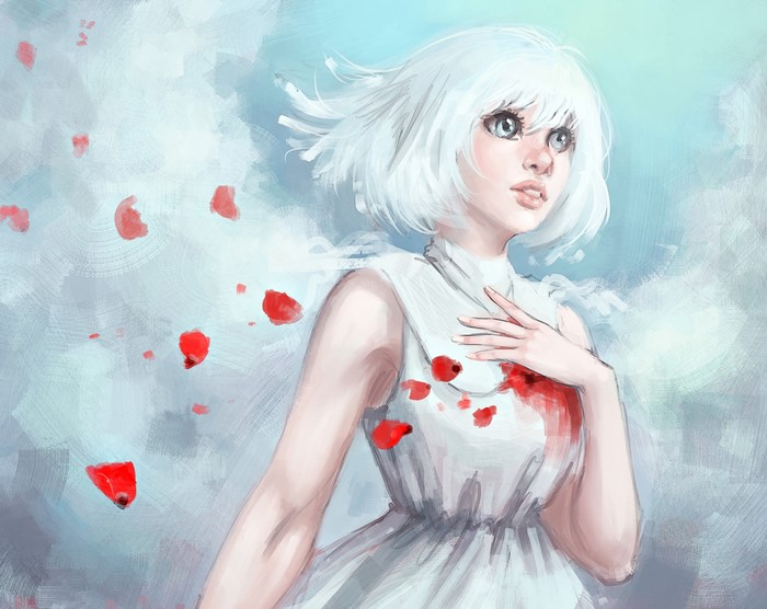 Painting of a girl with white hair and a white dress