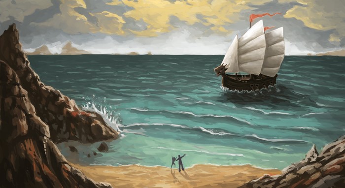 A ship sails on the sea near a rocky coast with two people on the beach.