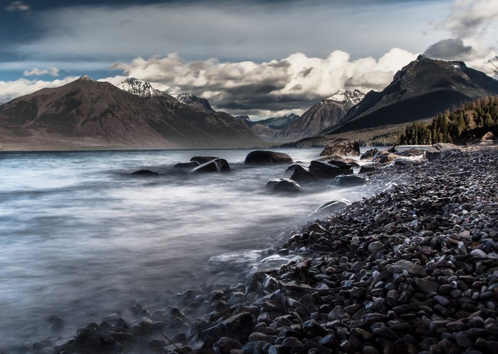 Lake and Mountains with Rocky Shoreline