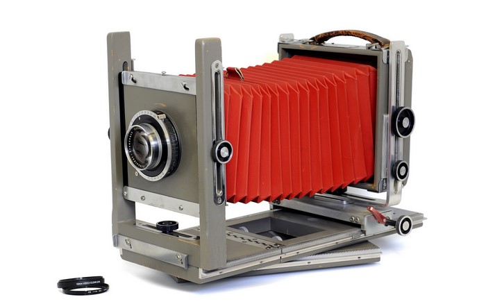 Burke James 4x5 large format camera with red bellows