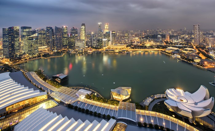 Singapore skyline and Marina Bay at dusk