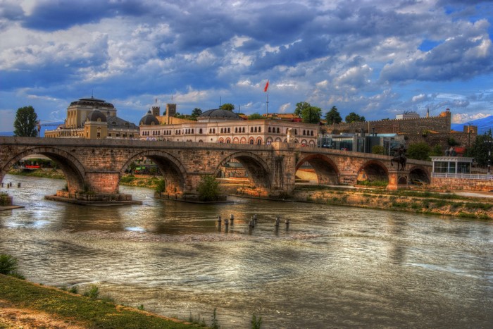 Stone bridge over a river in Skopje, Macedonia