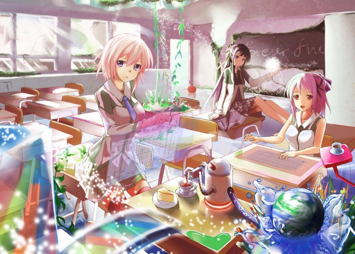 Three schoolgirls in a classroom with futuristic elements