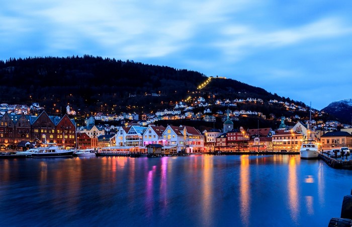 Bergen harbor at dusk with colorful buildings and reflections