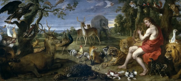 Mythological figure playing lyre surrounded by diverse animals