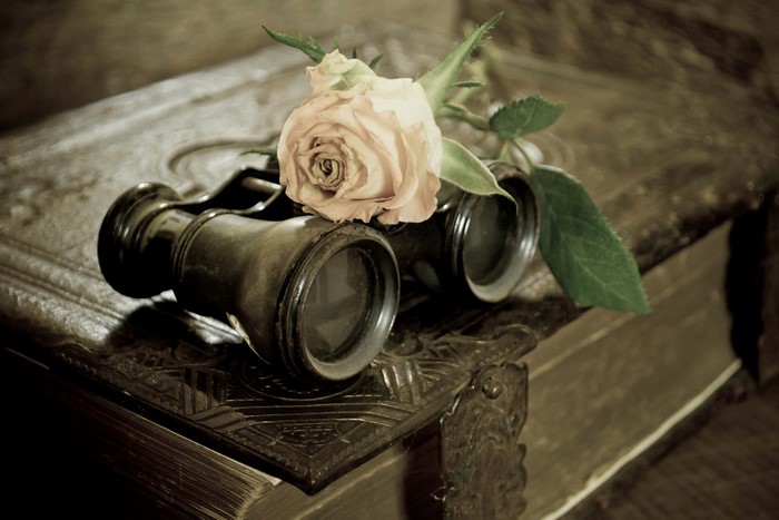 Binoculars and a rose on an old book