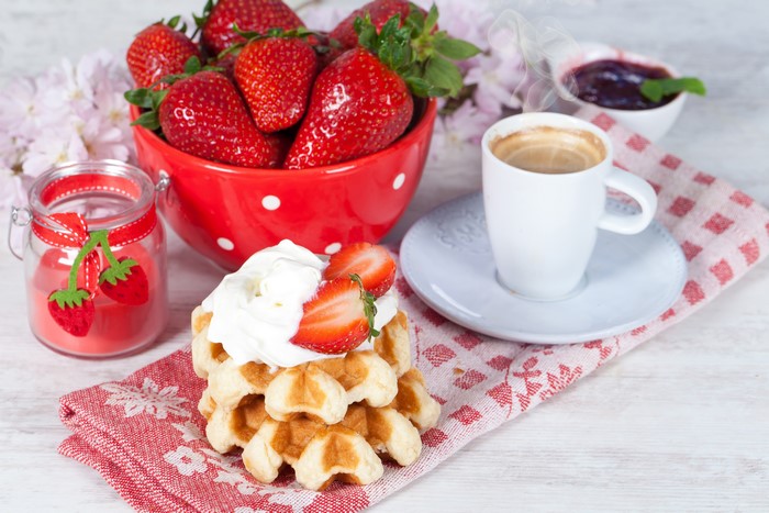 Strawberries, Waffles, and Coffee Still Life