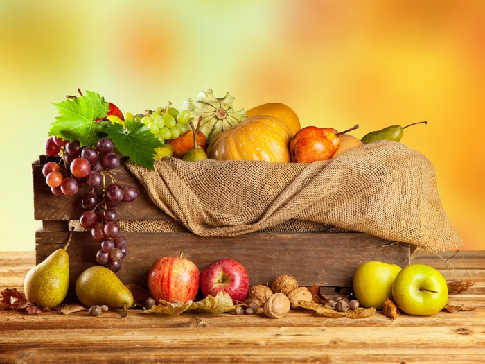 Autumn Harvest Fruit and Vegetables in Wooden Crate