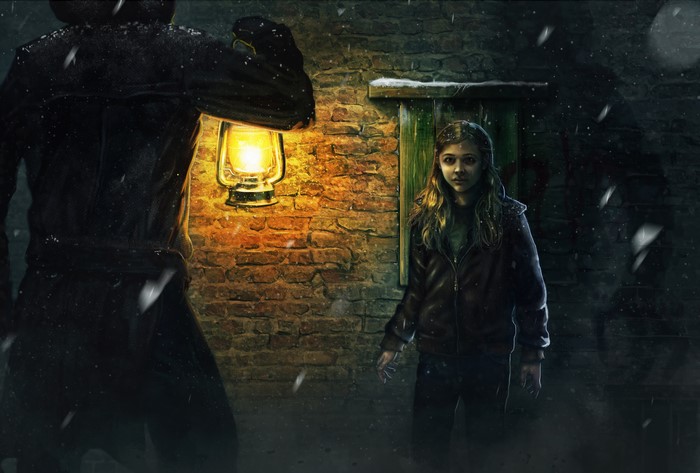 Girl with Kerosene Lamp in Snowy Night